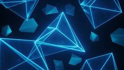 Abstract glowing blue geometric shapes and pyramids floating in dark space