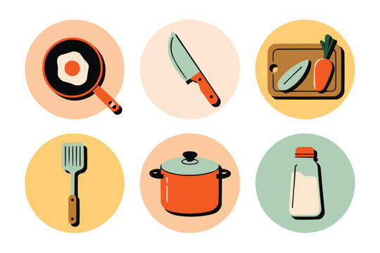 Delightful kitchen icons set for culinary creations, featuring vibrant, modern design ideal for recipe blogs, food apps, and charming kitchen decor projects