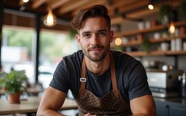 Handsome man working in the cafe. High quality