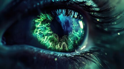 Glowing green eye showing abstract digital iris pattern