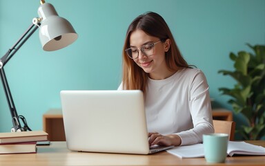 Freelancer worker concept. Online learning. A freelance girl does work from home or anywhere in the world. On the background of books and paper aircraft. High quality