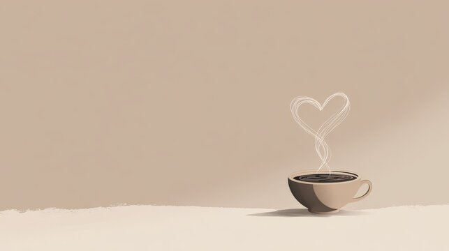  illustration of a coffee cup with steam forming a heart shape, brown background 