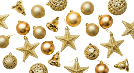 Gold Brass Metallic Christmas Ornaments Eight Pointed Stars Brass Bells White Background