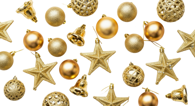 Gold Brass Metallic Christmas Ornaments Eight Pointed Stars Brass Bells White Background