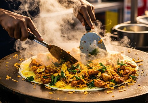 Tamil Nadu Kothu Parotta on Iron Tawa with Egg and Chicken &ndash; Spicy Action-Style Food Shot