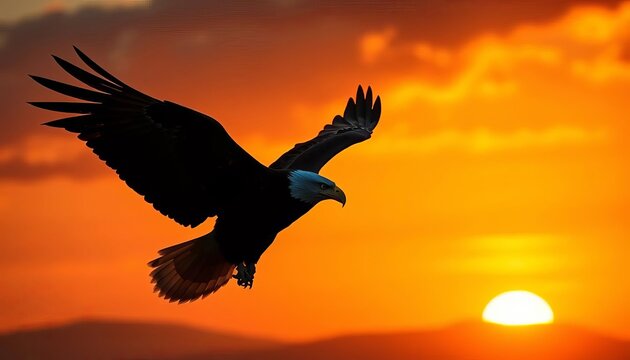 Majestic eagle silhouette in flight, wings spread wide against a sunset,  silhouette,  flight - Powered by Adobe