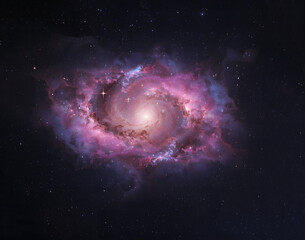 Obraz premium Spiral galaxy with glowing pink nebula in deep space