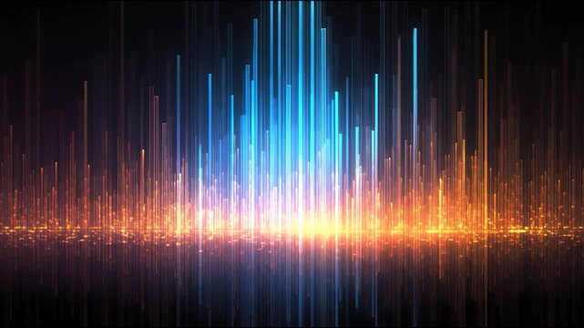 Vibrant neon spectrum abstract equalizer glowing bar graph colorful light streak digital sound wave futuristic cityscape dynamic energy radiant gradient modern background technology art neon light
