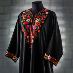 Elegant black kaftan with vibrant floral embroidery