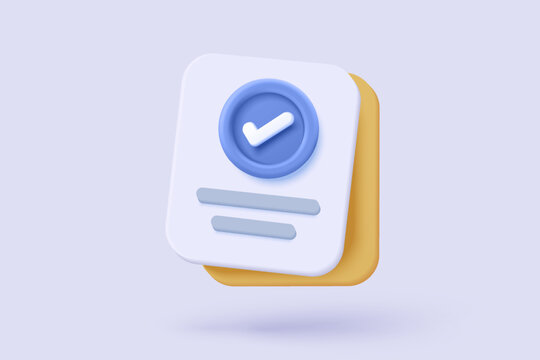 3d icon file task management todo check list, assignment and exam paperwork, work on organization, progress feedback, administration survey. 3d clipboard tick check icon vector render illustration