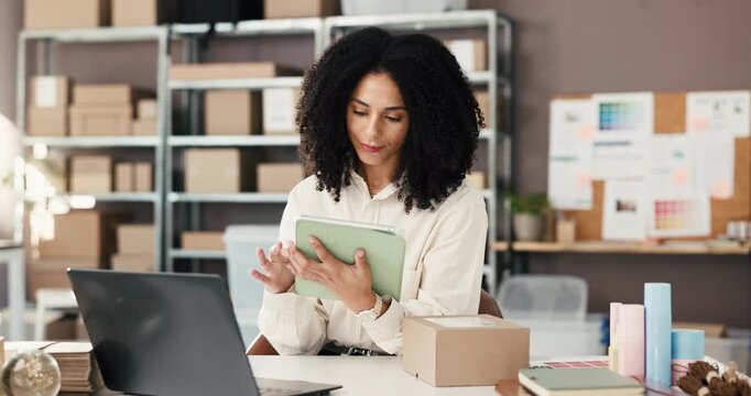 Woman, tablet and scroll at dropshipping startup with checklist, smile and inventory management in office. Person, tech and small business with app, logistics or thinking for ecommerce at warehouse