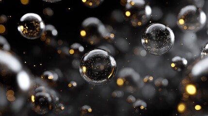 Bubbles containing golden glitter particles against dark background