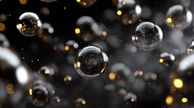 Bubbles containing golden glitter particles against dark background - Powered by Adobe