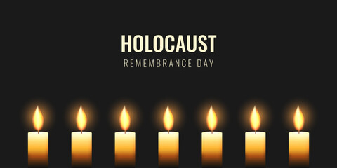 Holocaust Remembrance Day horizontal banner. Burning Candles on Black Background. Memorial vector illustration