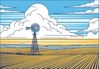 Stylized illustration of a windmill on a vast tilled field beneath a cloudy sky