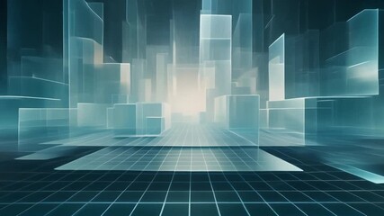 Futuristic digital metropolis rendered with translucent geometric structures and a luminous grid, symbolizing data flow and virtual connectivity within a high-tech urban environment - Powered by Adobe