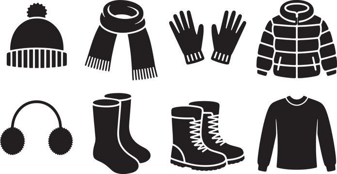 Seasonal winter wear silhouette icons collection of beanie earmuffs scarf and shoes - Powered by Adobe