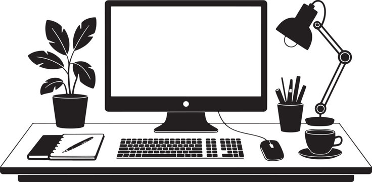 Office workspace desk silhouette vector illustration on transparent background