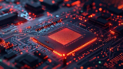 Fototapeta premium Cpu circuit board glowing red processing data concept