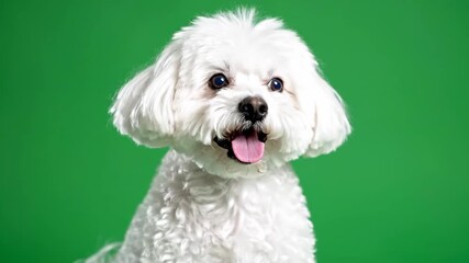 A happy and healthy small white dog with its tongue out, looking directly at the camera against a plain green background - Powered by Adobe