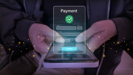 Secure mobile payment interface with credit card form and shield icon