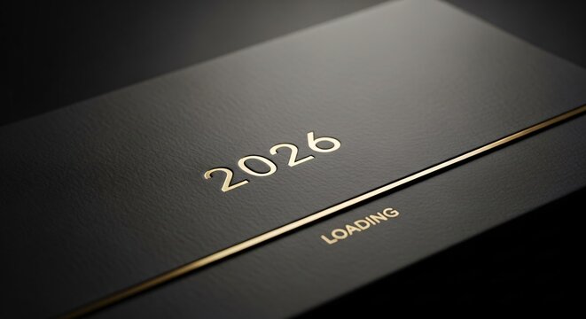 Elegant black surface with 2026 and loading text in gold, suggesting the anticipation and preparation for the upcoming year, with a thin golden line