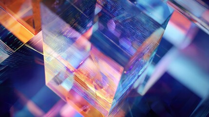 Abstract crystal glass cube reflecting colorful light