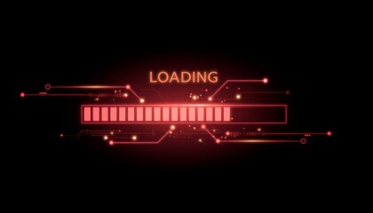 Digital Loading Bar with Circuit Board Elements on Black Background.