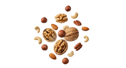 Healthy Nuts Assortment Close Up Floating on White Background Almonds Walnuts Pecans