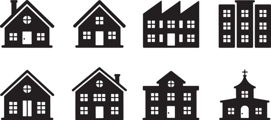 Fototapeta premium Set of Different Silhouette House Building Icons Isolated on Transparent Background