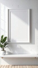 Minimalist interior with blank vertical frame green plant and sunlight shadows.