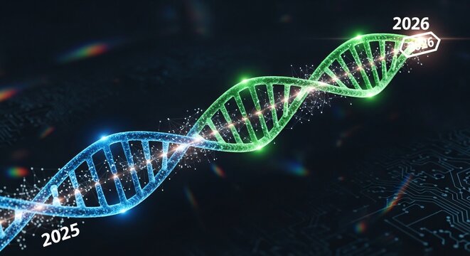 Dna helix representing genetic science and the progression from 2025 to 2026, symbolizing advancement and future discovery in biology