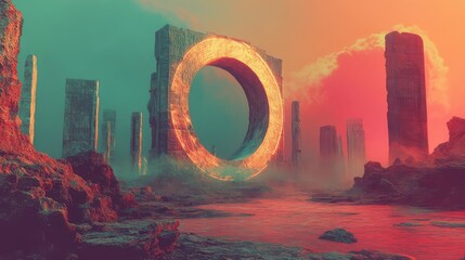 Ancient glowing portal gate structure on alien world