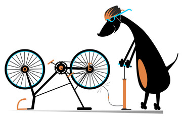 Cute dog inflates the wheel of the bicycle