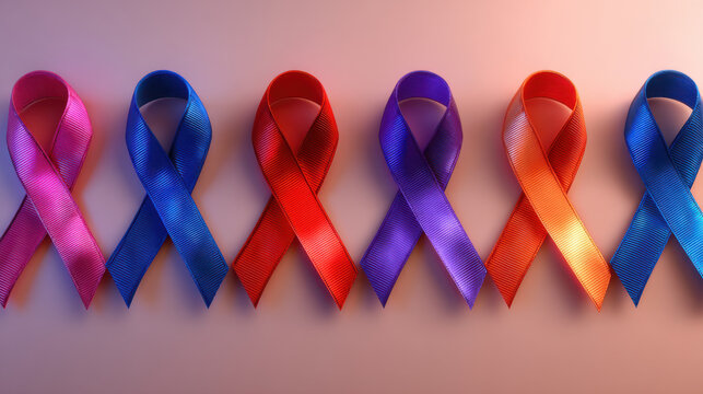 Colorful awareness ribbons symbolizing cancer consciousness and support