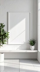 Minimalist Interior with White Frame and Plants in Sunlight.