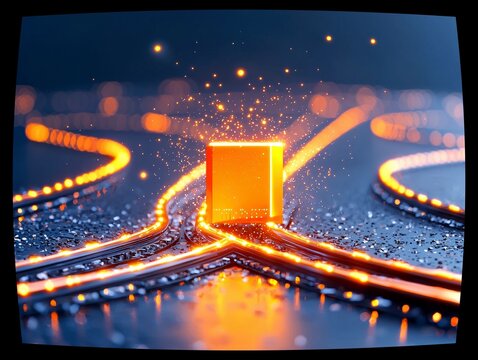 A glowing orange cube, representing a central processor, is surrounded by illuminated circuit board pathways and sparkling particles.