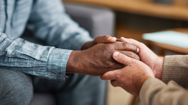 Two diverse people's hands holding, showing support and empathy