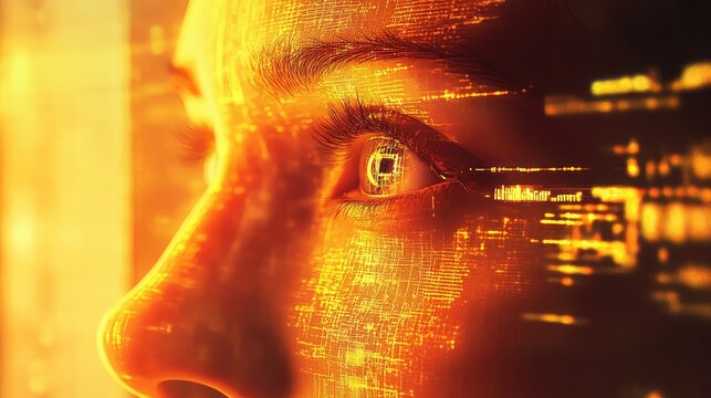 Human eye connecting with digital technology and data processing