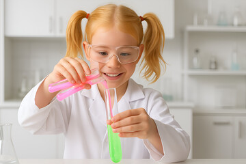 a girl wearing a lab coat and safety glasses is doing a science experiment