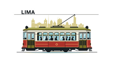 Vintage tram illustration with city skyline of Lima in background  