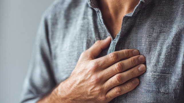 Man having chest pain, suffering heart attack or disease