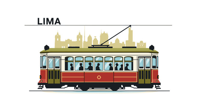 Vintage tram illustration with city skyline of Lima in background - Powered by Adobe
