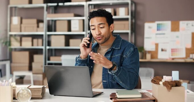 Man, phone call and laptop with stress at dropshipping startup, contact or search for lost order. Person, smartphone and mistake with computer, logistics or frustrated in negotiation for stock price