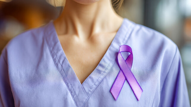 Nurse wearing purple ribbon for awareness and support