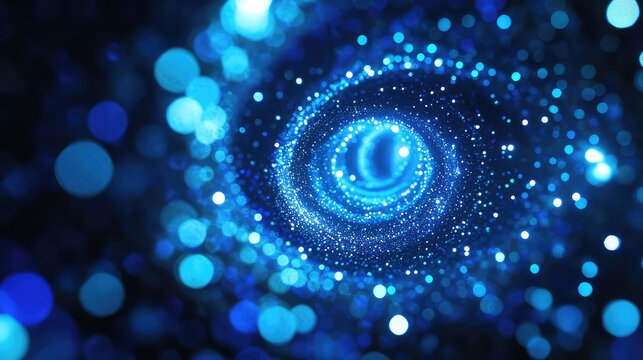 Blue light particles swirling deep digital vortex