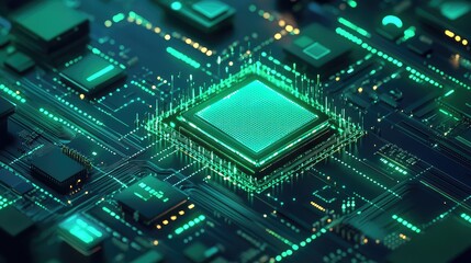 Processing digital data on futuristic circuit board with glowing components