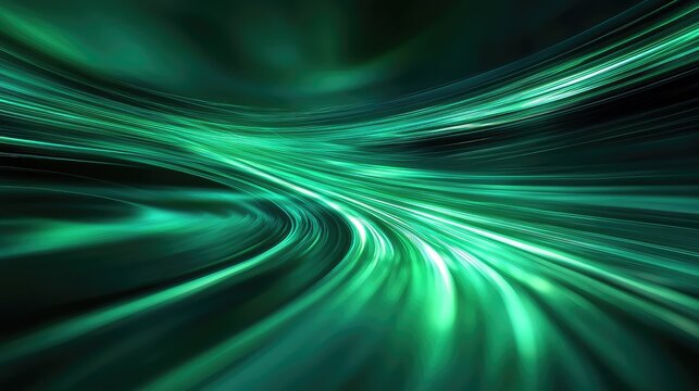 Glowing green light trails representing data transfer and speed