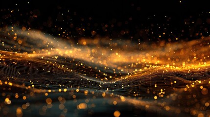 Abstract golden particle wave flowing on black background