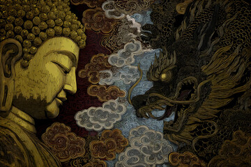 Mystical artwork of a golden Buddha facing a dragon, spiritual and symbolic Asian art
